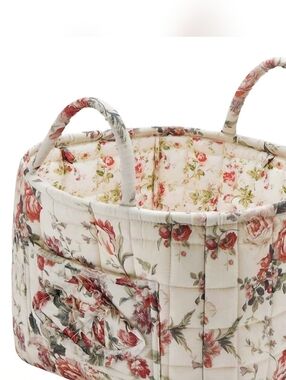 Floral Quilted Storage Basket - Pink & Cream 13 In. Wide, 11 In. Deep